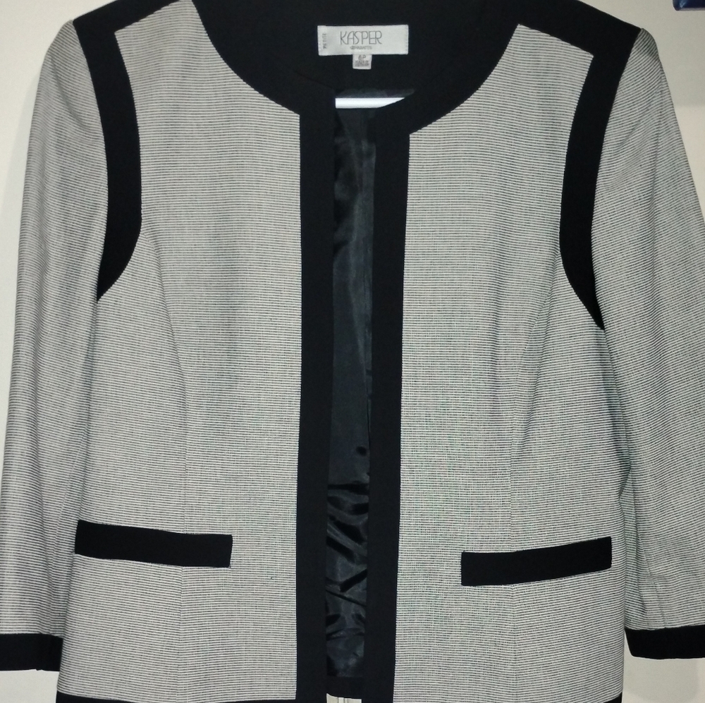 Stylish Blazer Kasper Cotton lined Kasper Open Blazer Woman’s 6P Black trim Ac - Picture 4 of 13